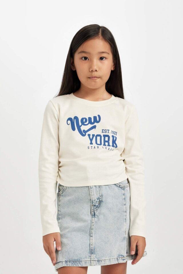 Kız Çocuk Cropped Fit Bisiklet Yaka Baskılı Ribana Uzun Kollu Tişört