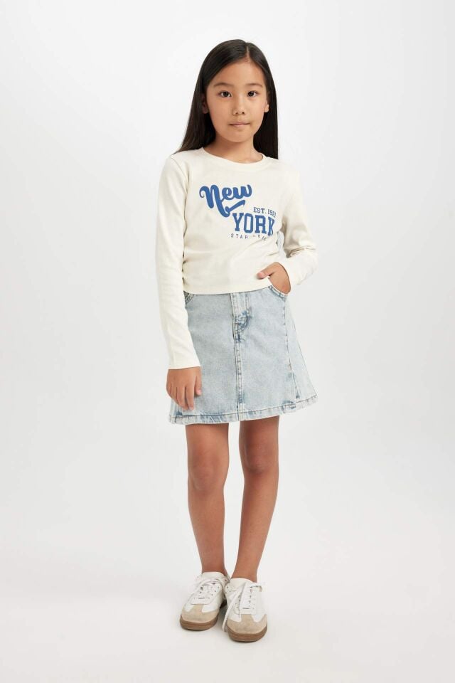Kız Çocuk Cropped Fit Bisiklet Yaka Baskılı Ribana Uzun Kollu Tişört