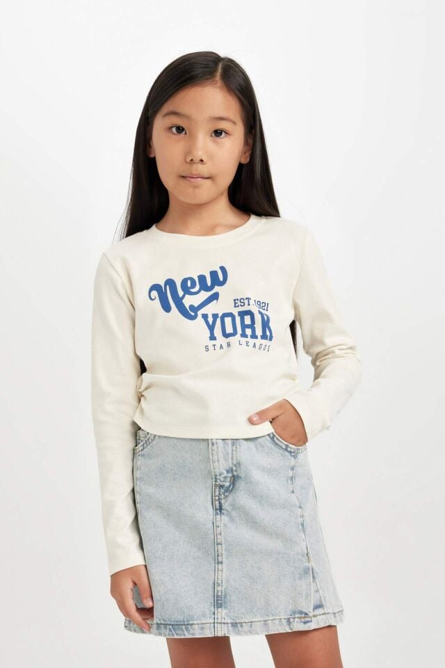 Kız Çocuk Cropped Fit Bisiklet Yaka Baskılı Ribana Uzun Kollu Tişört