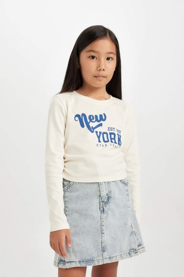 Kız Çocuk Cropped Fit Bisiklet Yaka Baskılı Ribana Uzun Kollu Tişört