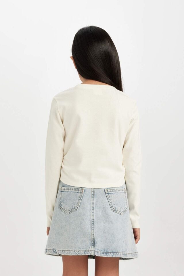 Kız Çocuk Cropped Fit Bisiklet Yaka Baskılı Ribana Uzun Kollu Tişört
