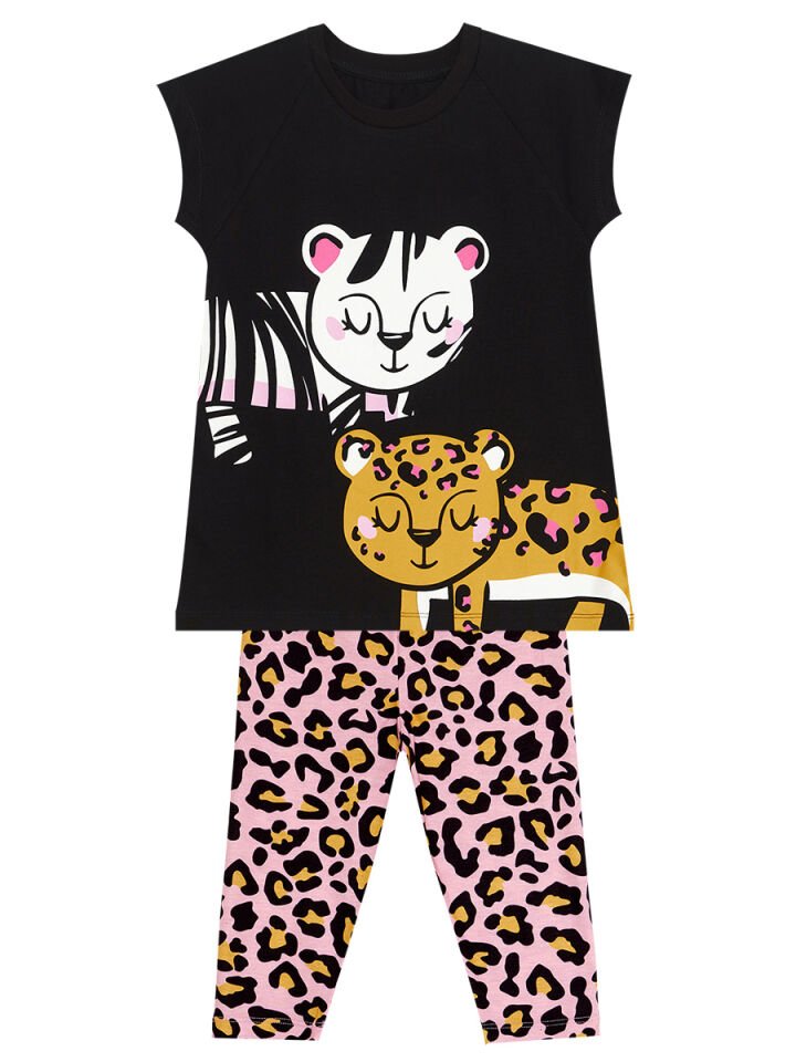 Leopar ve Zebra Kız Çocuk Tunik Tayt Takım 4 Y - Pembe