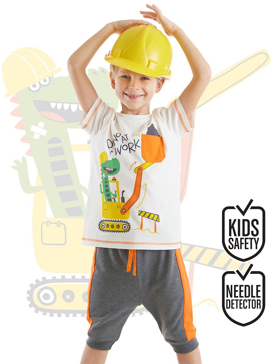 Dino At Work Erkek Çocuk T-shirt Kapri Şort Takım 6 Y - Beyaz, Antresit