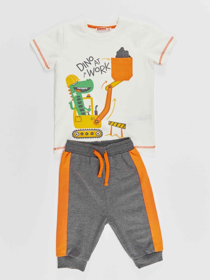 Dino At Work Erkek Çocuk T-shirt Kapri Şort Takım 6 Y - Beyaz, Antresit