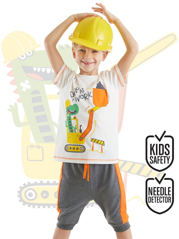 Dino At Work Erkek Çocuk T-shirt Kapri Şort Takım 7 Y - Beyaz, Antresit