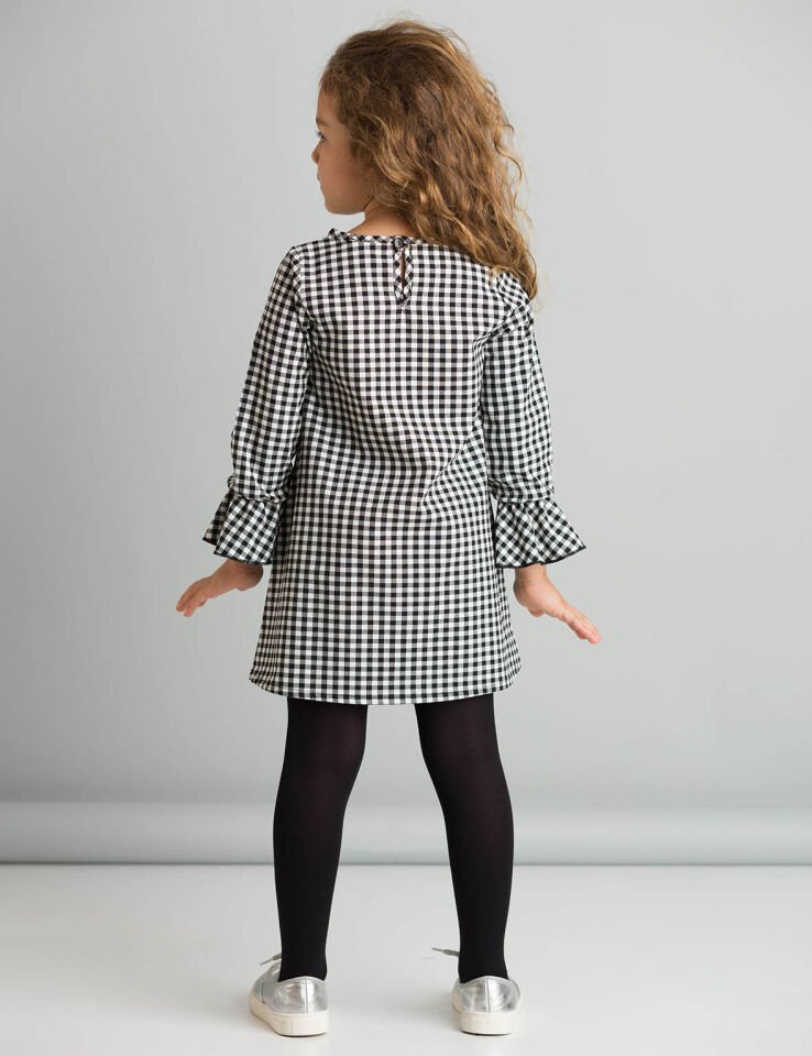 Floral Ekose Kız Çocuk Çiçekli Elbise 6 Y - Siyah Beyaz