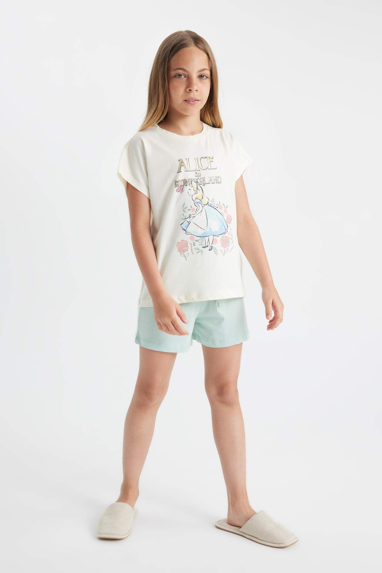 Kız Çocuk Alice In Wonderland Pijama Takımı Boxy Fit Kısa Kollu Üst Şort