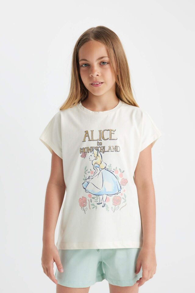 Kız Çocuk Alice In Wonderland Pijama Takımı Boxy Fit Kısa Kollu Üst Şort