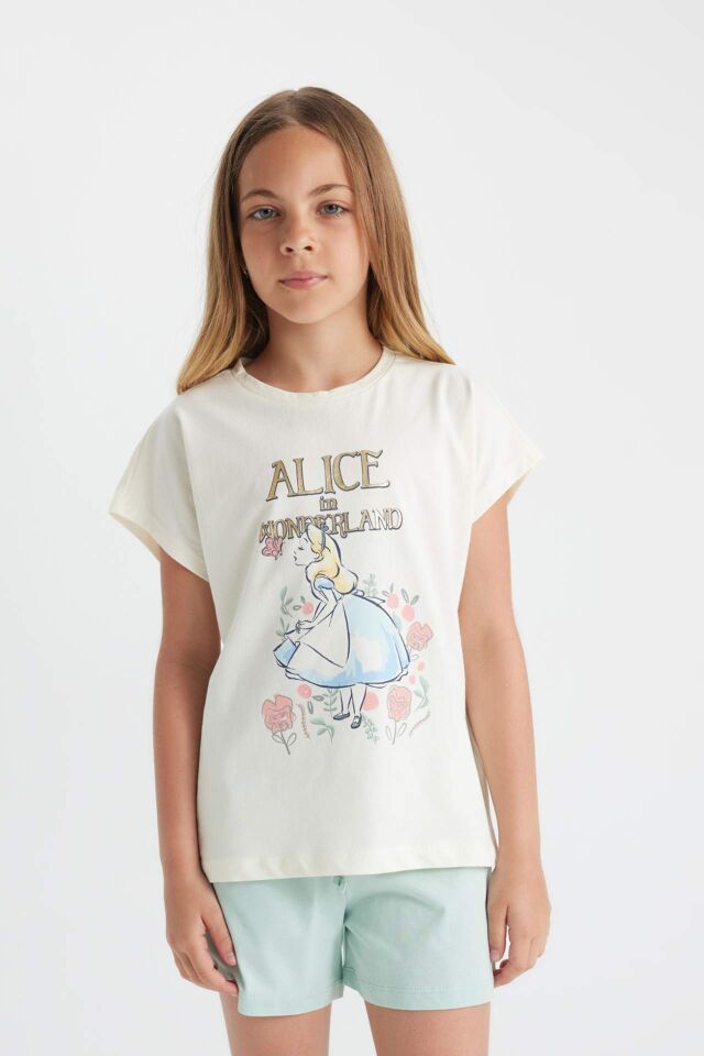 Kız Çocuk Alice In Wonderland Pijama Takımı Boxy Fit Kısa Kollu Üst Şort