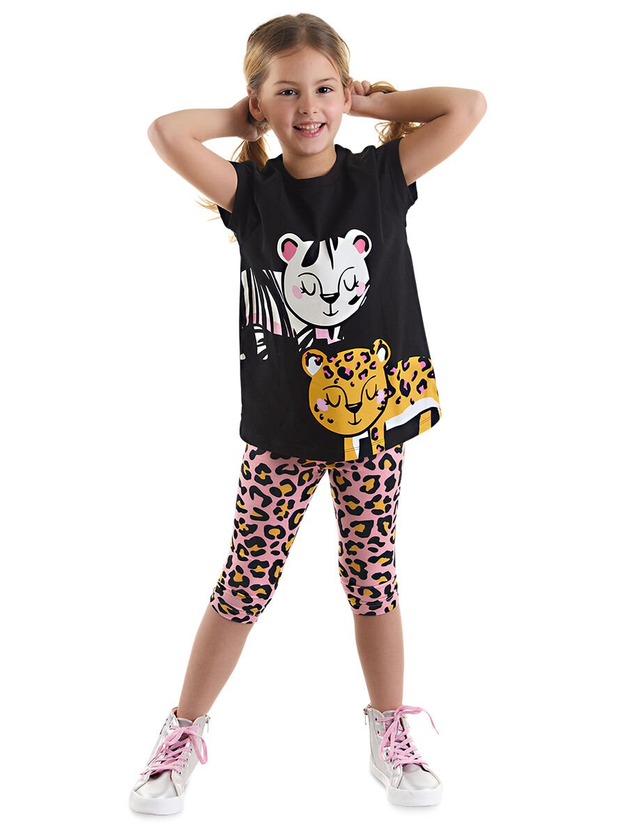 Leopar ve Zebra Kız Çocuk Tunik Tayt Takım 9 Y - Pembe