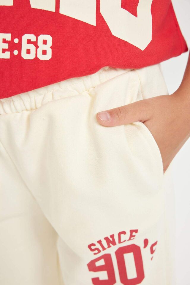 Kız Çocuk Ekru Baskılı Beli Paçası Lastikli Cepli Jogger Okul Eşofman Altı