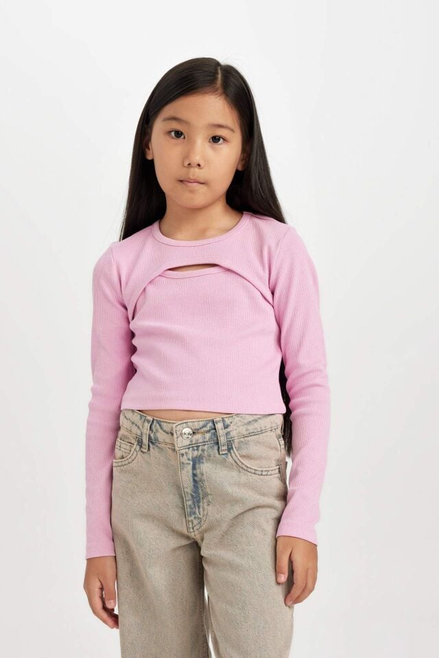 Kız Çocuk Slim Fit Dar Kesim Bisiklet Yaka Fitilli Kaşkorse Uzun Kollu Tişört