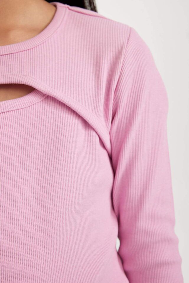 Kız Çocuk Slim Fit Dar Kesim Bisiklet Yaka Fitilli Kaşkorse Uzun Kollu Tişört