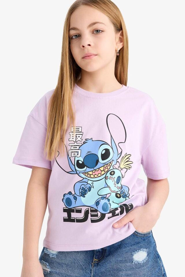 Kız Çocuk Disney Lilo & Stitch Relax Fit Bisiklet Yaka Kısa Kollu Tişört