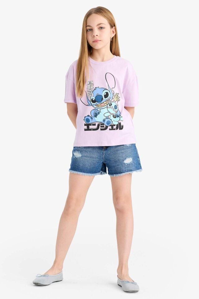 Kız Çocuk Disney Lilo & Stitch Relax Fit Bisiklet Yaka Kısa Kollu Tişört