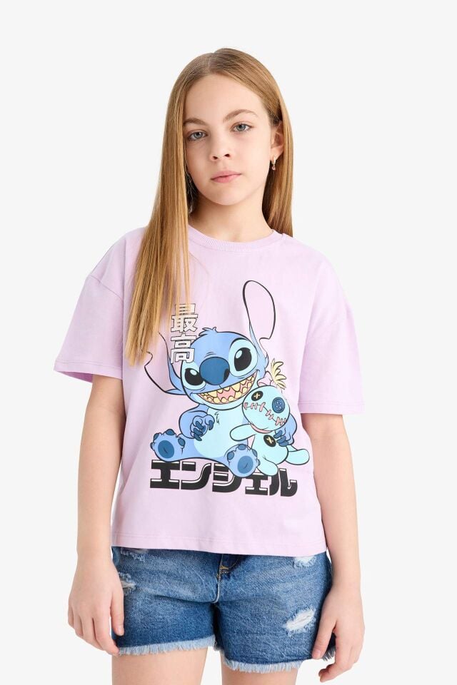 Kız Çocuk Disney Lilo & Stitch Relax Fit Bisiklet Yaka Kısa Kollu Tişört