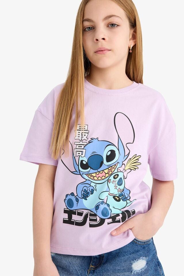 Kız Çocuk Disney Lilo & Stitch Relax Fit Bisiklet Yaka Kısa Kollu Tişört