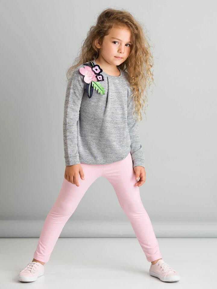 Romantic Flowers Kız Çocuk Kazak Tayt Takım 3 Y - Gri Pembe