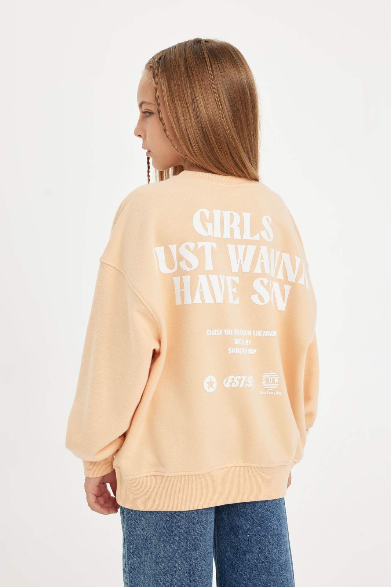 Kız Çocuk Oversize Geniş Kalıp Bisiklet Yaka Sırt Baskılı Sweatshirt