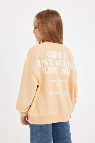 Kız Çocuk Oversize Geniş Kalıp Bisiklet Yaka Sırt Baskılı Sweatshirt