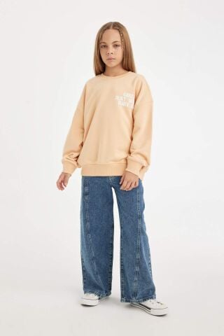 Kız Çocuk Oversize Geniş Kalıp Bisiklet Yaka Sırt Baskılı Sweatshirt