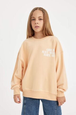 Kız Çocuk Oversize Geniş Kalıp Bisiklet Yaka Sırt Baskılı Sweatshirt