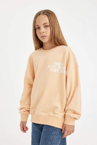 Kız Çocuk Oversize Geniş Kalıp Bisiklet Yaka Sırt Baskılı Sweatshirt