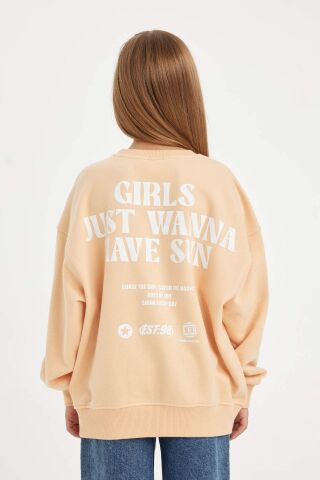 Kız Çocuk Oversize Geniş Kalıp Bisiklet Yaka Sırt Baskılı Sweatshirt