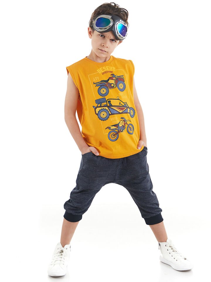 Motocross Erkek Çocuk T-shirt Kapri Şort Takım 5 Y - Turuncu, Lacivert