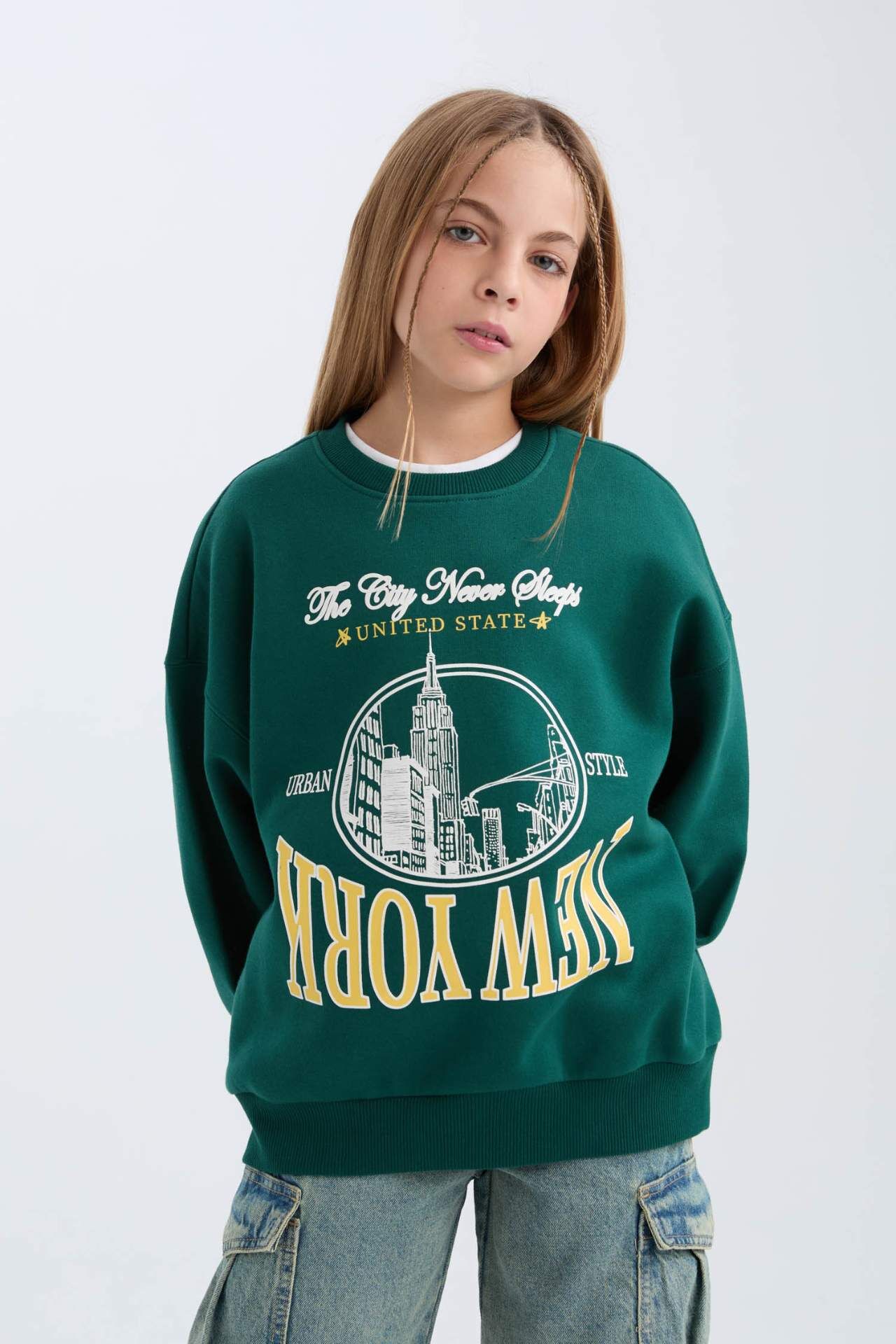 Kız Çocuk Oversize Geniş Kalıp Bisiklet Yaka Baskılı Sweatshirt