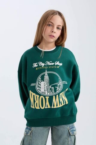 Kız Çocuk Oversize Geniş Kalıp Bisiklet Yaka Baskılı Sweatshirt