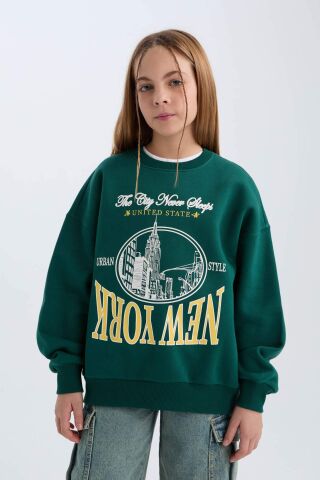Kız Çocuk Oversize Geniş Kalıp Bisiklet Yaka Baskılı Sweatshirt