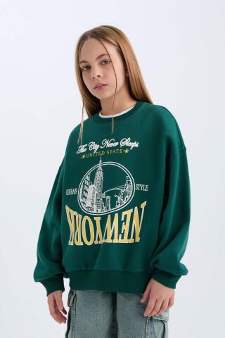 Kız Çocuk Oversize Geniş Kalıp Bisiklet Yaka Baskılı Sweatshirt