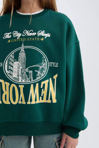 Kız Çocuk Oversize Geniş Kalıp Bisiklet Yaka Baskılı Sweatshirt