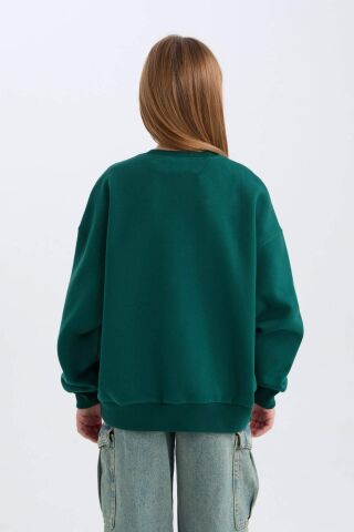Kız Çocuk Oversize Geniş Kalıp Bisiklet Yaka Baskılı Sweatshirt