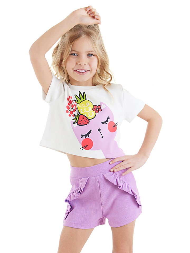 Meyveli Kedi Kız Çocuk T-shirt Şort Takım 2 Y - Lila, Beyaz