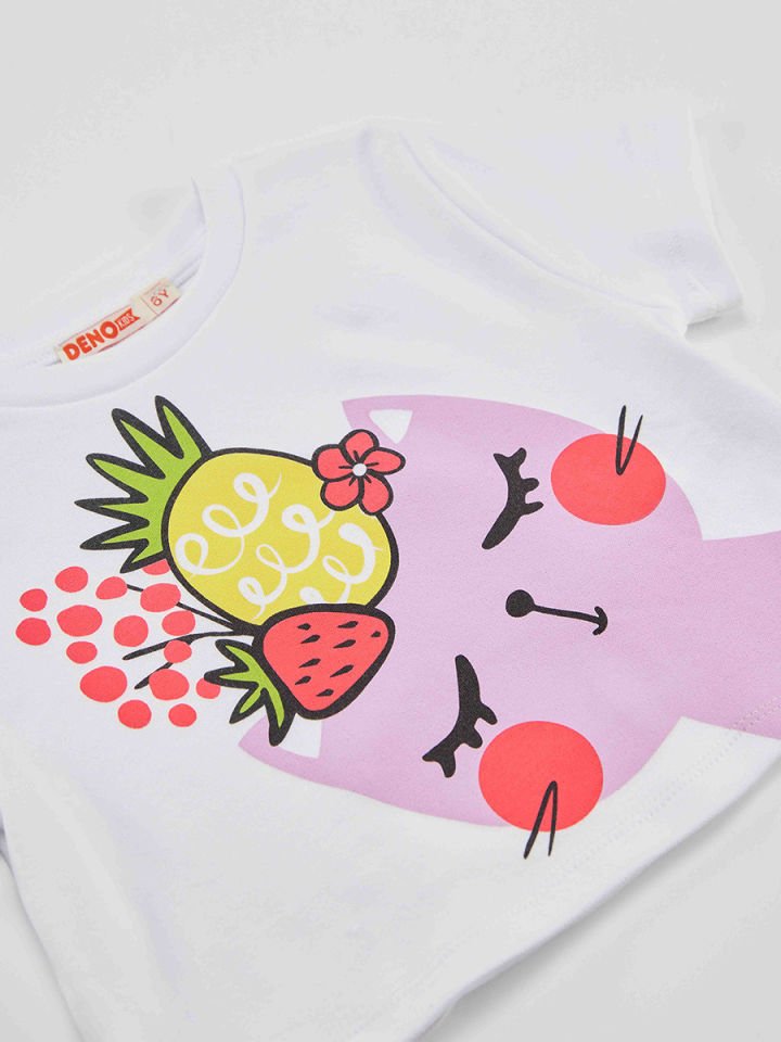 Meyveli Kedi Kız Çocuk T-shirt Şort Takım 2 Y - Lila, Beyaz