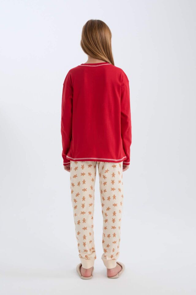 Kız Çocuk Pijama Takımı Yılbaşı Temalı Bisiklet Yaka Uzun Kollu Üst Uzun Alt