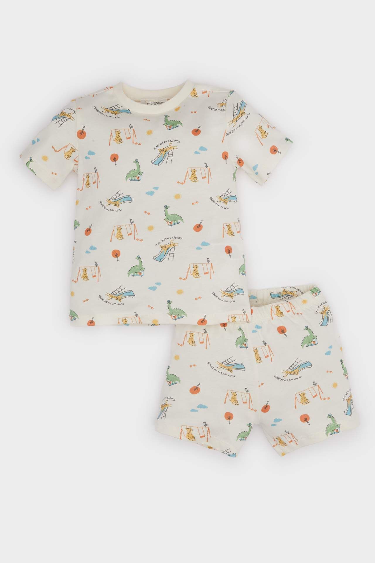 Erkek Bebek Pijama Takımı Dinazor Baskılı Kısa Kollu Penye Üst Beli Lastikli Şort