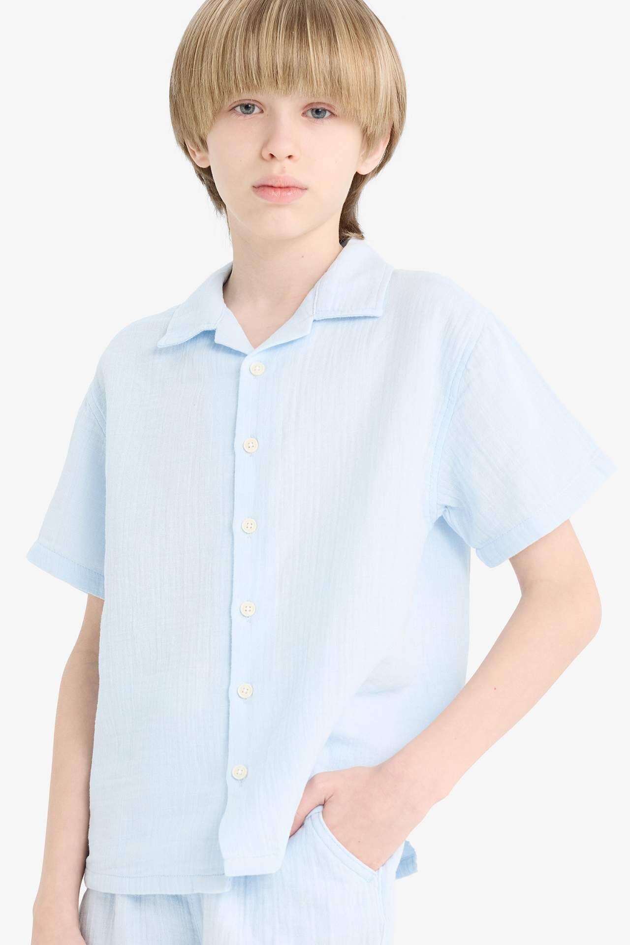 Erkek Çocuk Oversize Geniş Kalıp Polo Yaka Müslin Kısa Kollu Gömlek