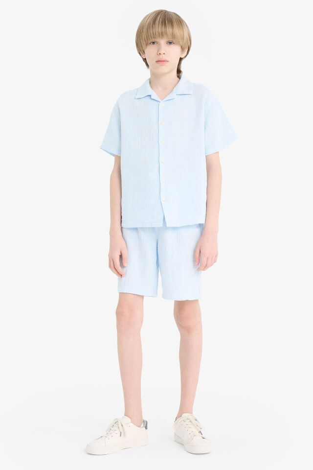 Erkek Çocuk Oversize Geniş Kalıp Polo Yaka Müslin Kısa Kollu Gömlek