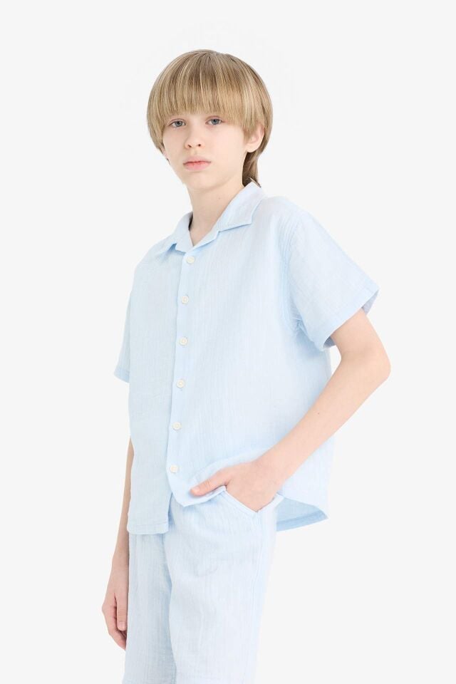 Erkek Çocuk Oversize Geniş Kalıp Polo Yaka Müslin Kısa Kollu Gömlek