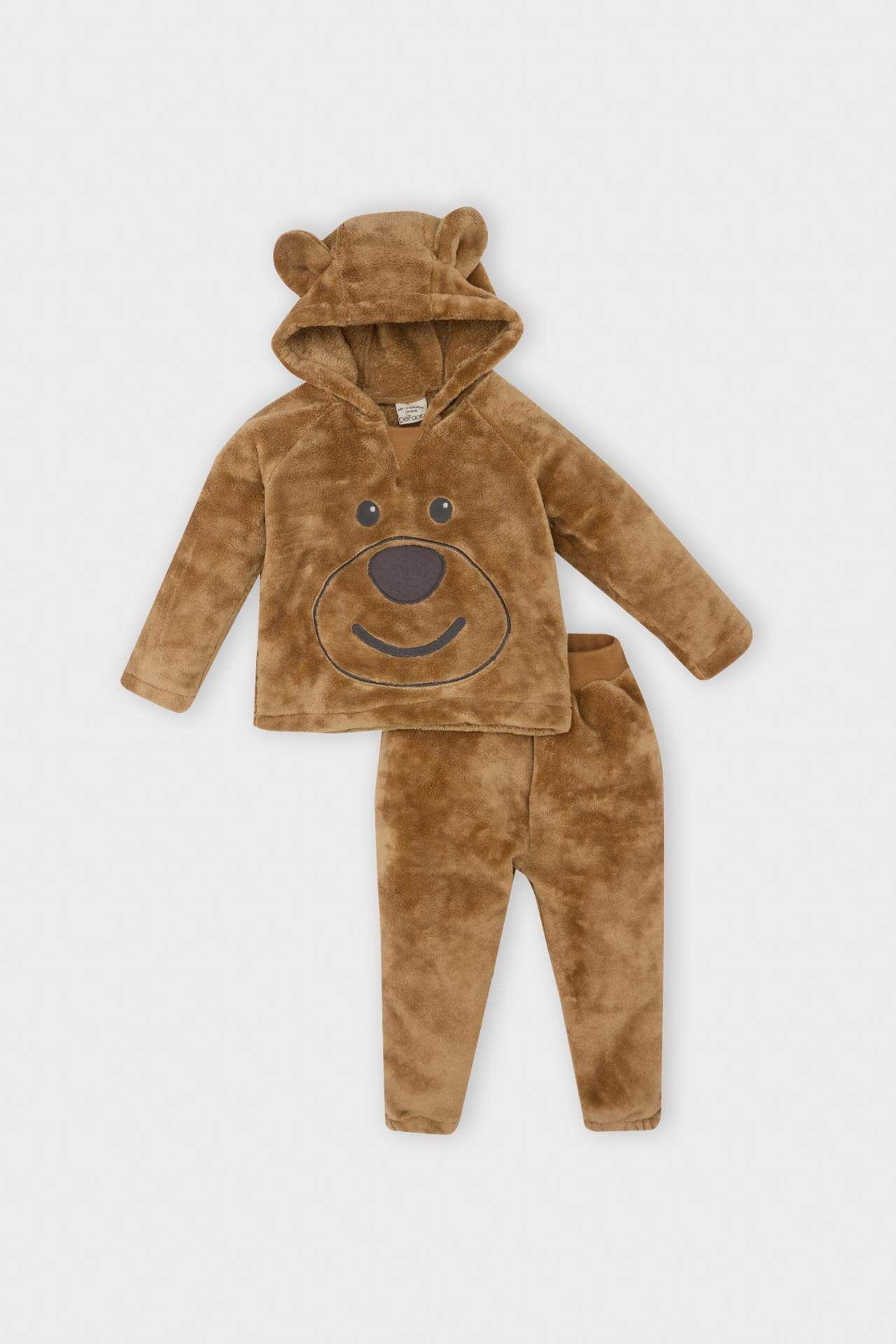 Erkek Bebek 2'li Takım Ayıcık Nakışlı Pelüş Kumaş Kapüşonlu Sweatshirt Üst Esnek Belli Alt