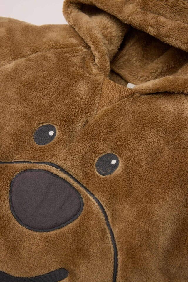 Erkek Bebek 2'li Takım Ayıcık Nakışlı Pelüş Kumaş Kapüşonlu Sweatshirt Üst Esnek Belli Alt