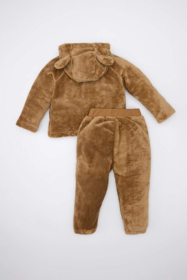 Erkek Bebek 2'li Takım Ayıcık Nakışlı Pelüş Kumaş Kapüşonlu Sweatshirt Üst Esnek Belli Alt