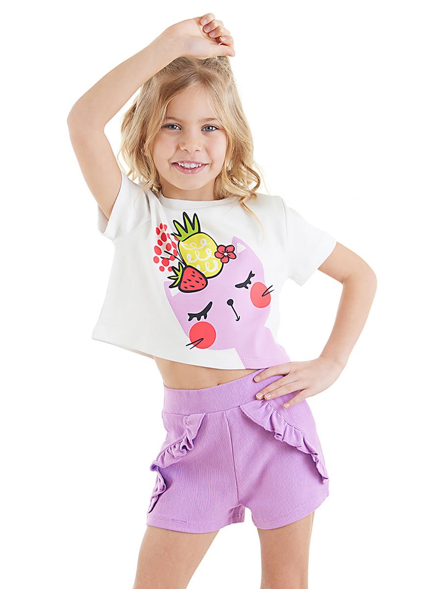 Meyveli Kedi Kız Çocuk T-shirt Şort Takım 5 Y - Lila, Beyaz