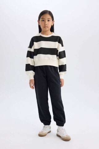 Kız Çocuk 2'li Takım Çizgili Bisiklet Yaka Sweatshirt Beli Lastikli Jogger Eşofman Altı