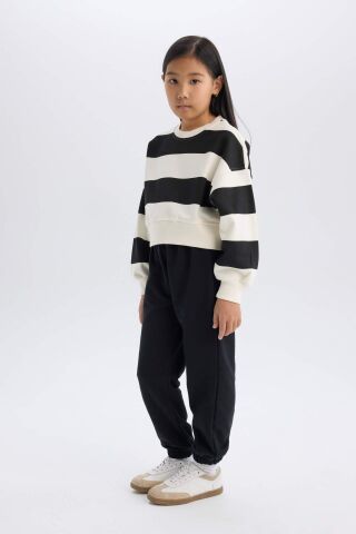 Kız Çocuk 2'li Takım Çizgili Bisiklet Yaka Sweatshirt Beli Lastikli Jogger Eşofman Altı