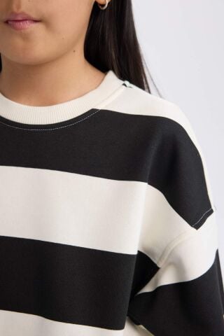 Kız Çocuk 2'li Takım Çizgili Bisiklet Yaka Sweatshirt Beli Lastikli Jogger Eşofman Altı