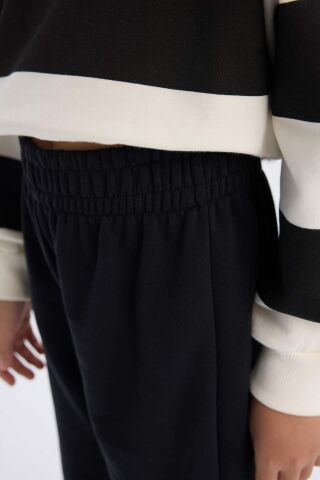Kız Çocuk 2'li Takım Çizgili Bisiklet Yaka Sweatshirt Beli Lastikli Jogger Eşofman Altı
